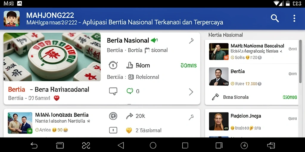 Screenshot aplikasi MAHJONG222 dengan tampilan berita nasional terupdate.
