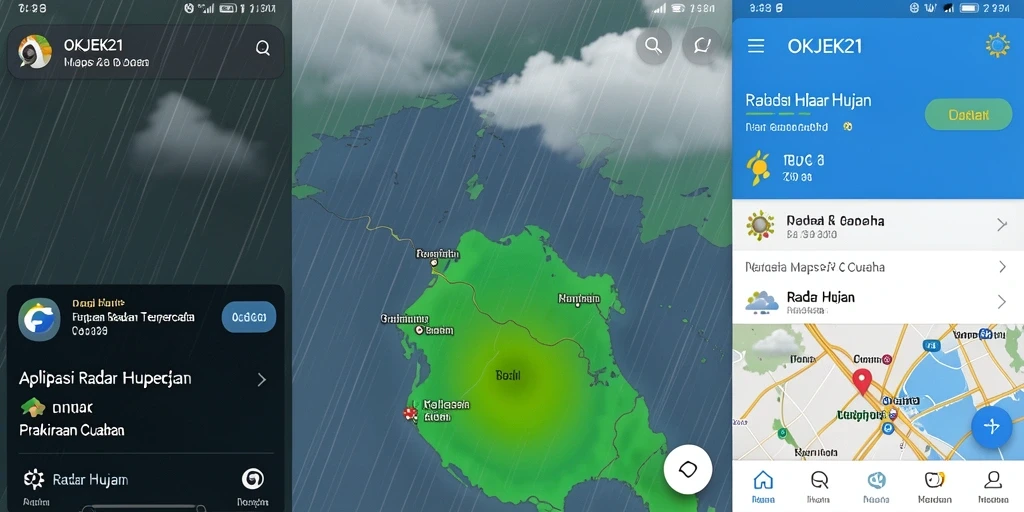 Antarmuka pengguna aplikasi OKJEK21 menunjukkan peta radar hujan secara real-time.